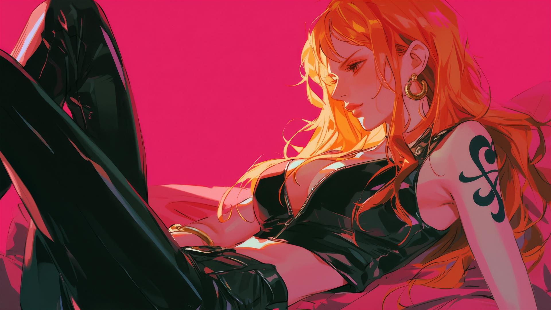 Nami in black and pink leather, gold earrings, neon accents, high-contrast anime style.