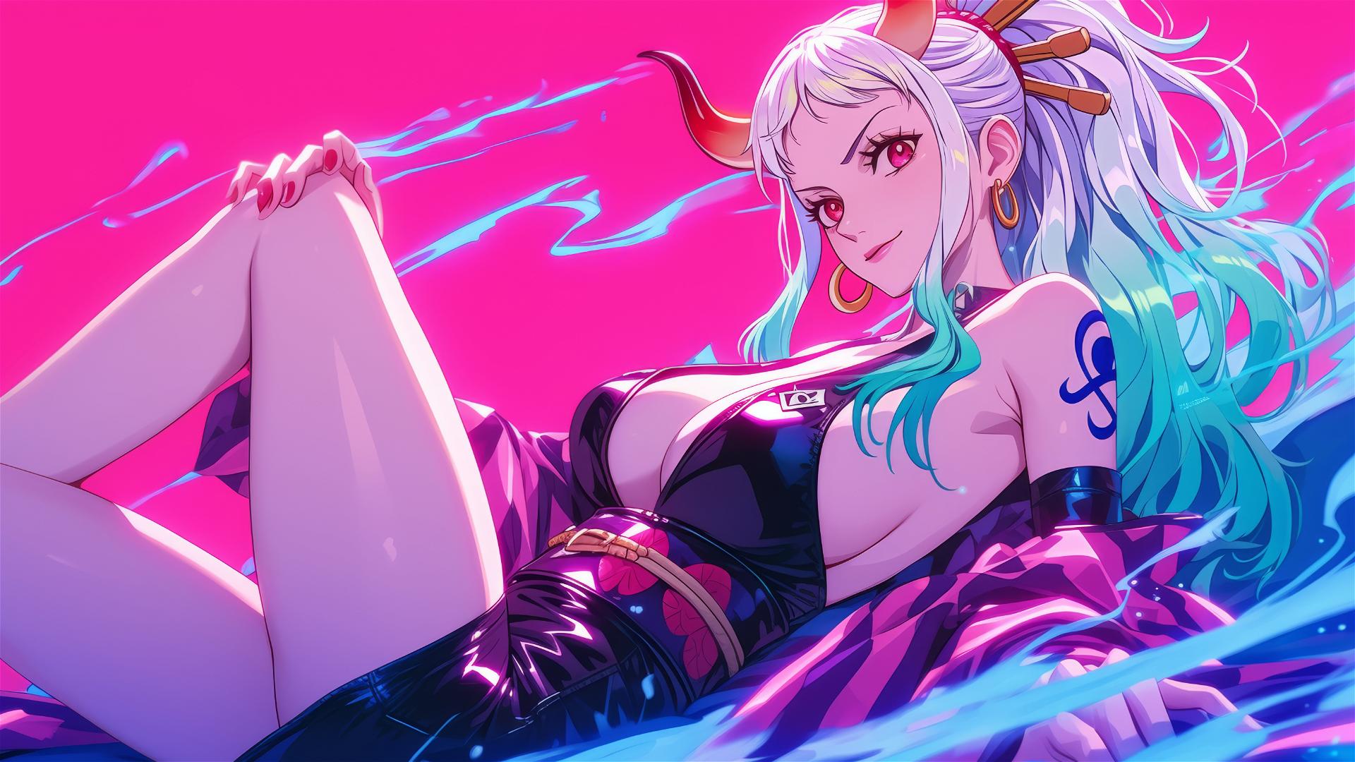 Yamato from One Piece in black and pink leather, neon glow, pink backdrop.