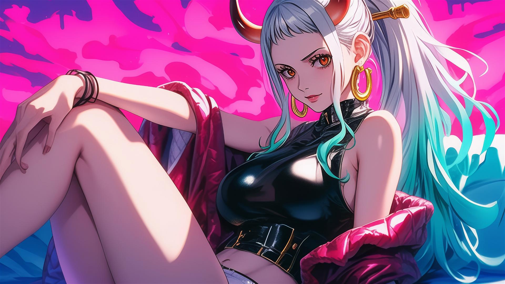 Yamato in black and pink outfit with gold earrings, neon pink backdrop.