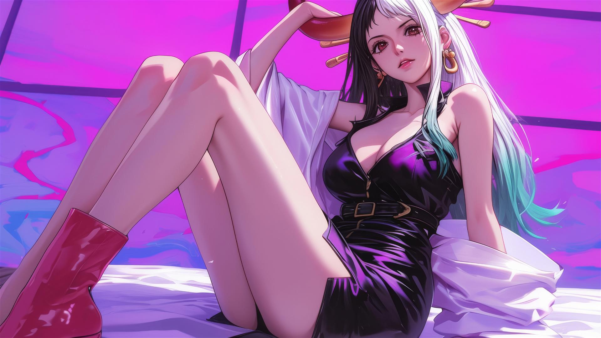 Yamato from One Piece in neon-lit black and pink leather attire.