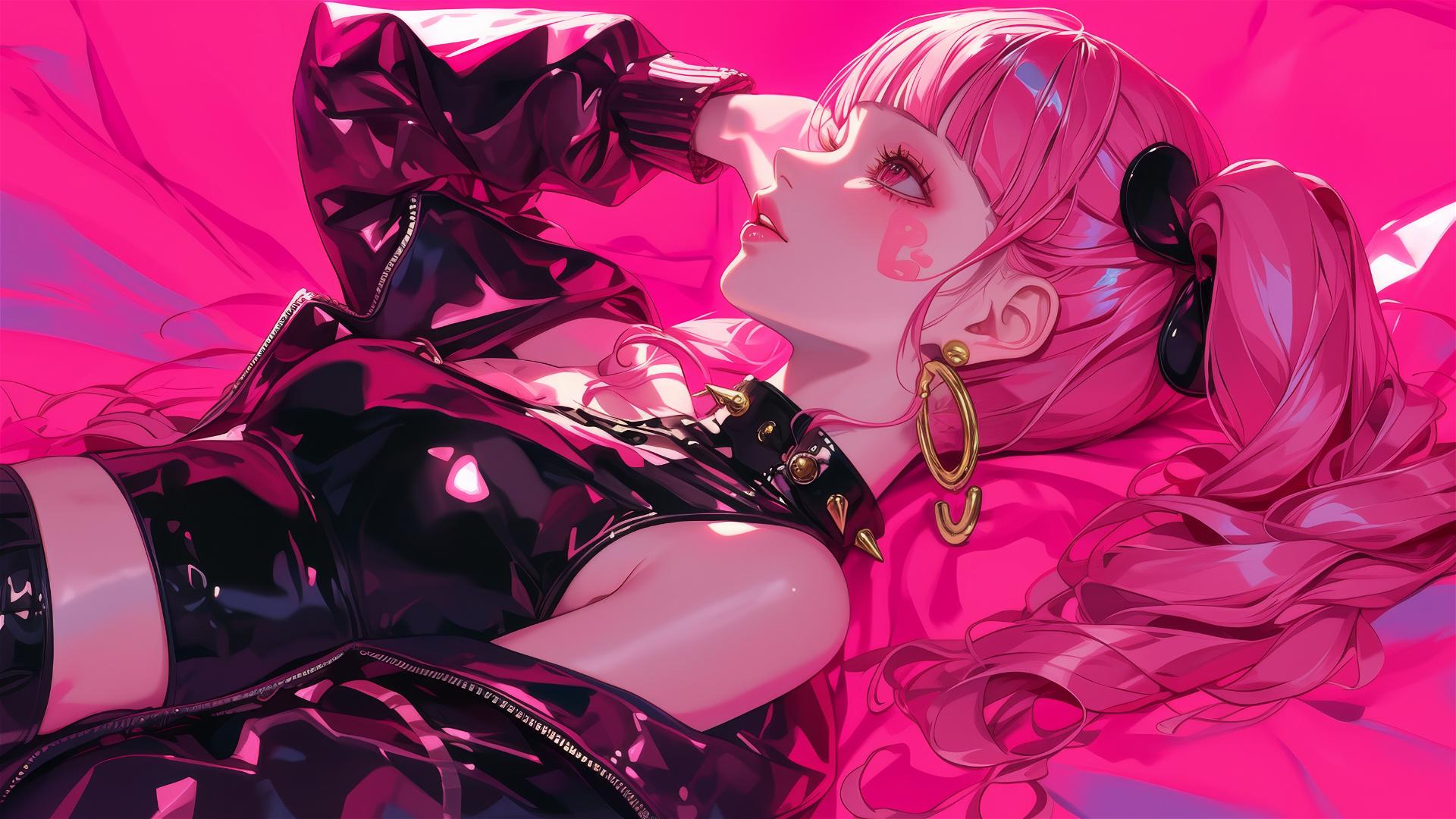 Perona in black and pink leather, lying in bed with swirling air and neon glow.