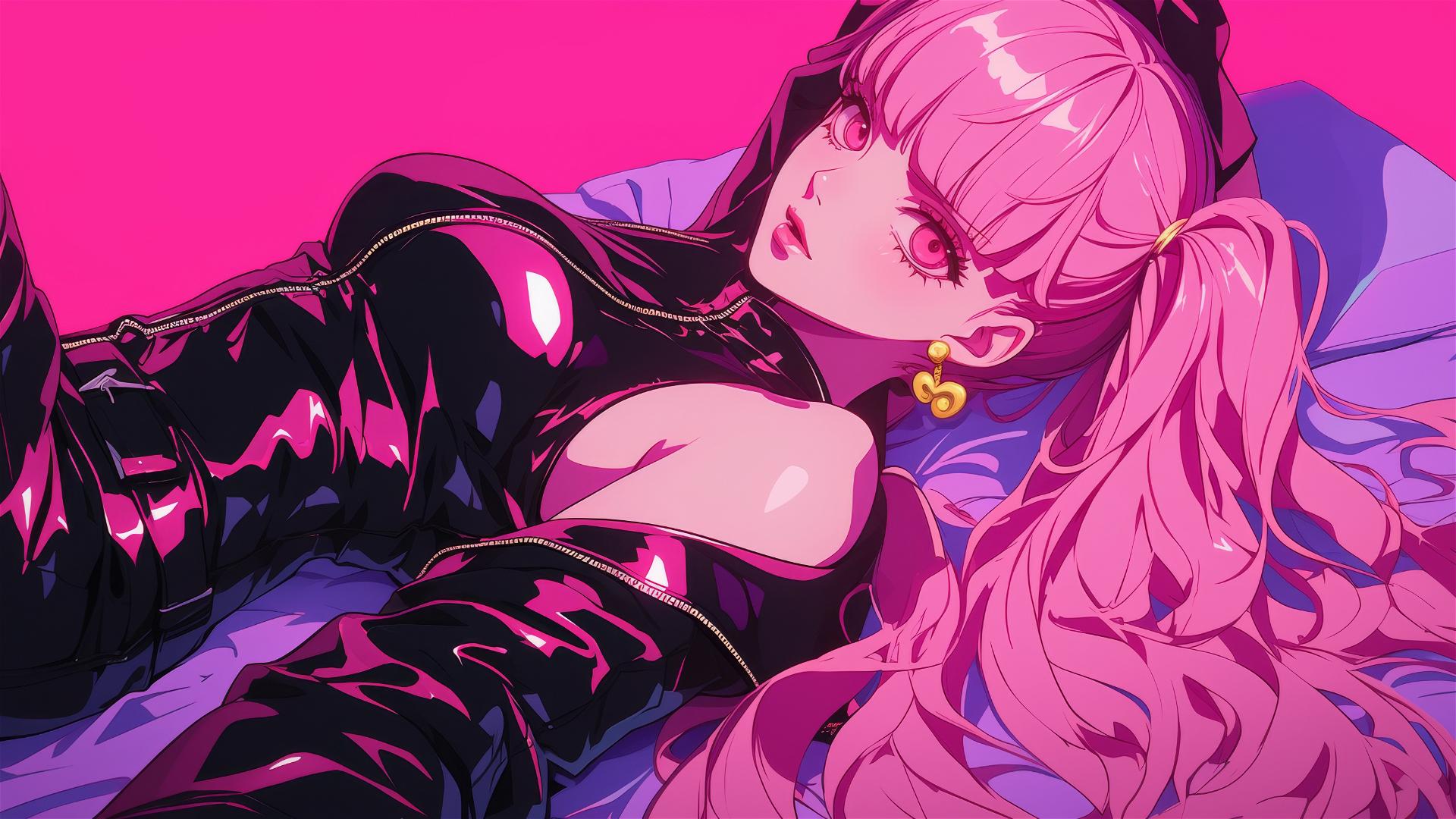 Perona from One Piece in black and pink leather, with swirling air and neon glow.