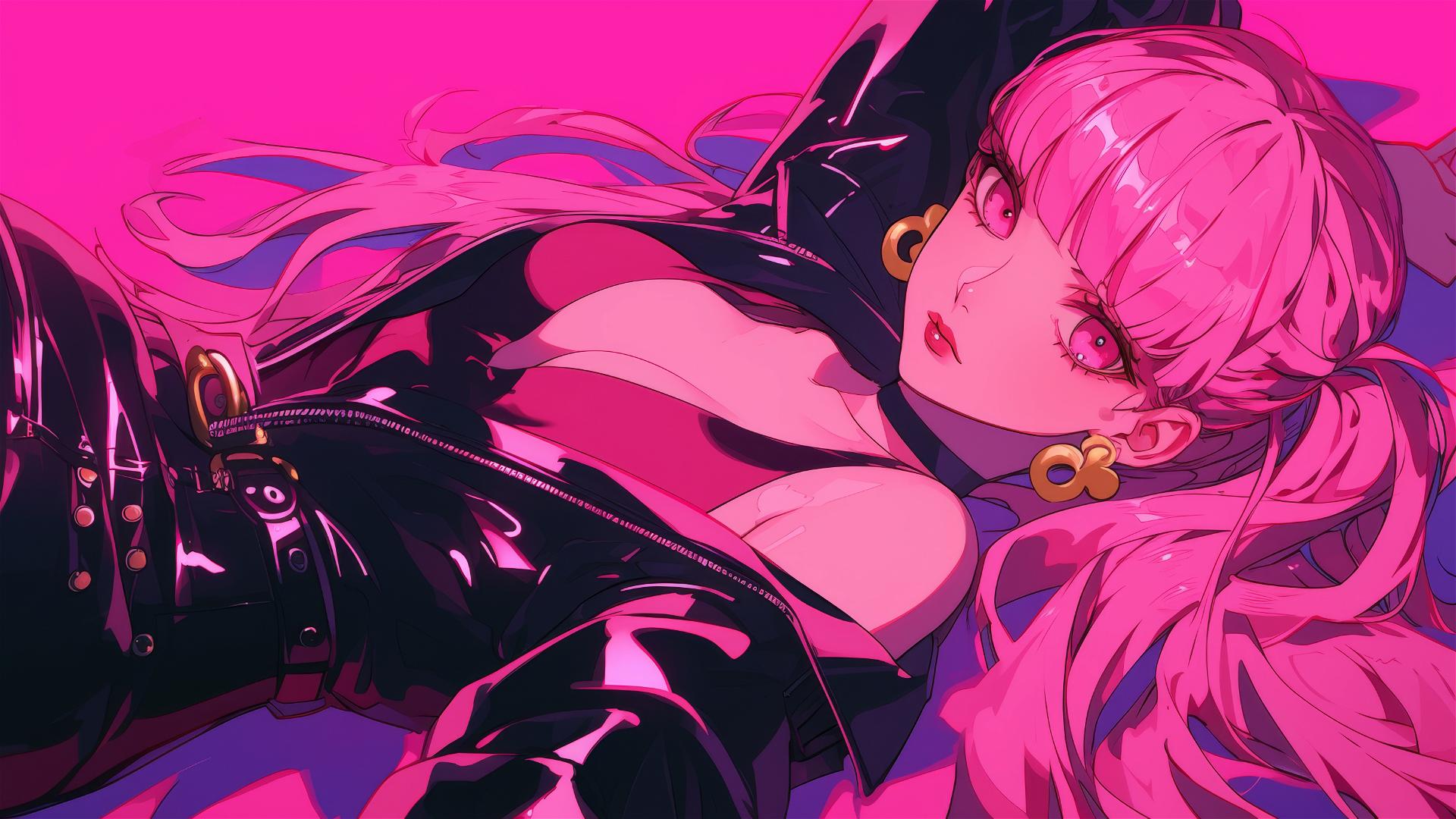 Perona from One Piece in bed, neon glow, black and pink outfit, gold earrings.