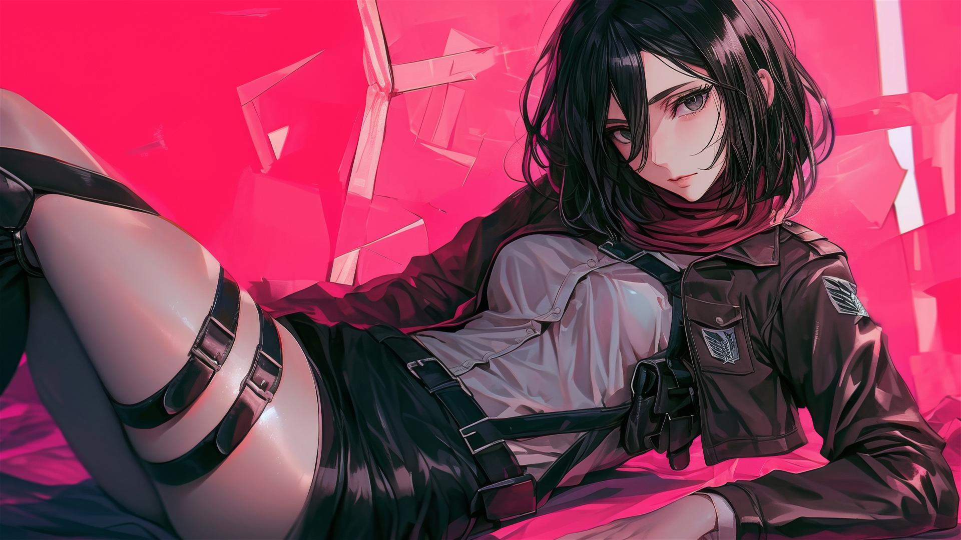 Mikasa Ackerman in black and pink leather on a bed with neon pink background.