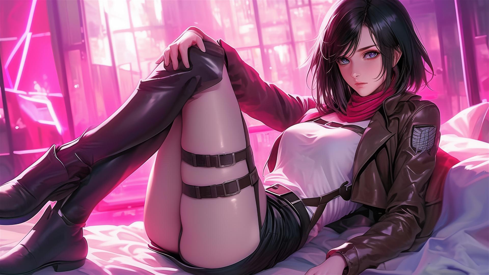 Mikasa Ackerman lounging in neon pink lighting, black and pink leather attire.