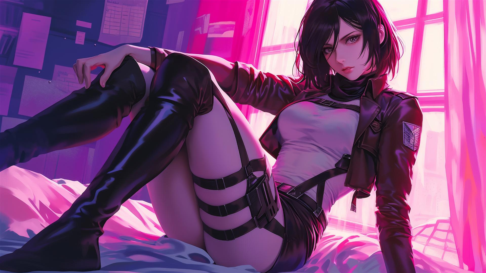 Mikasa Ackerman lounging in neon pink lighting, black and pink leather attire.