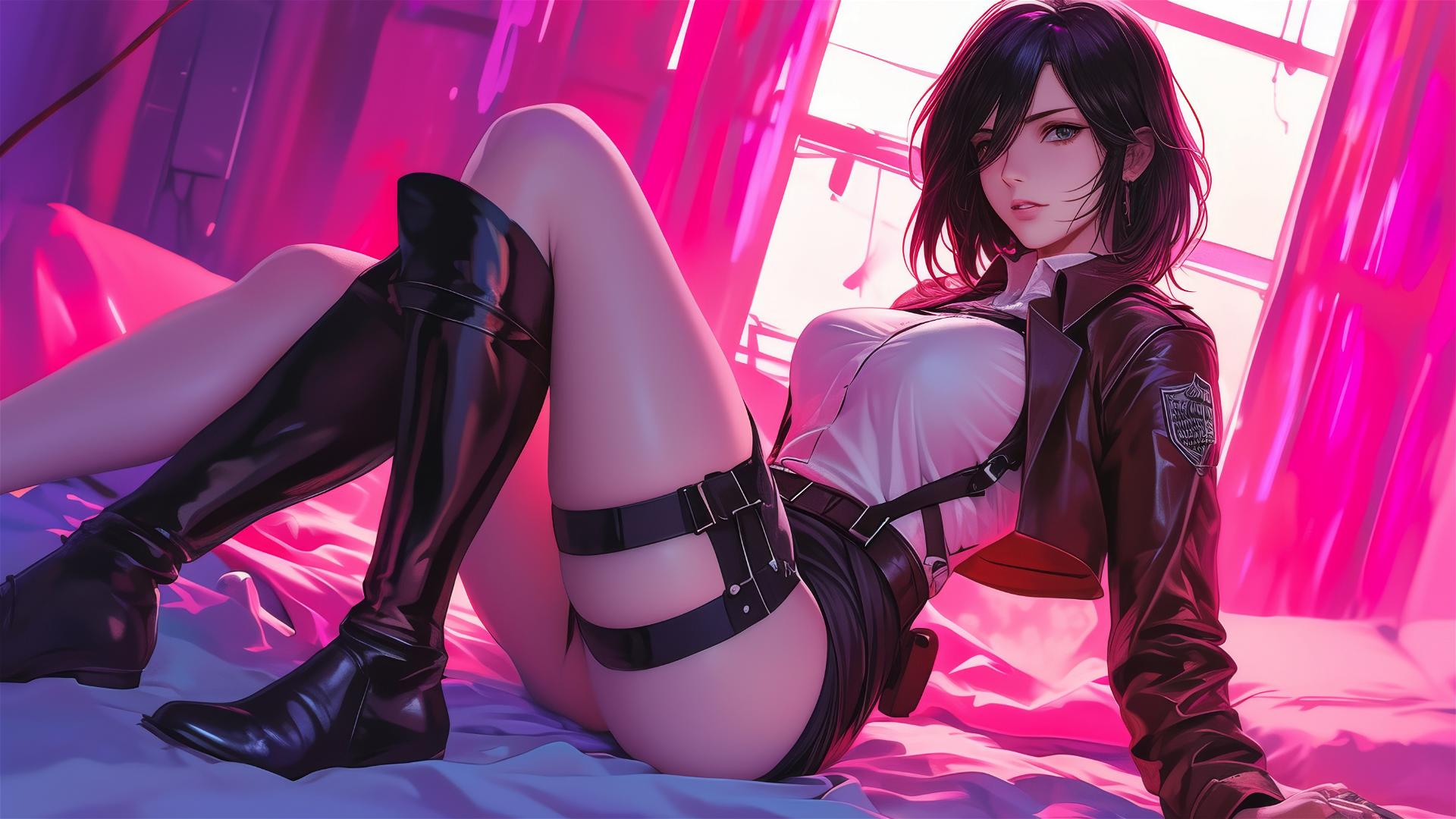 Mikasa Ackerman lounging in neon pink lighting, black and pink leather attire.