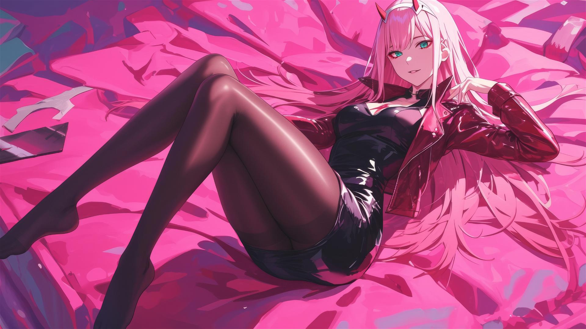 Zero Two in black and pink leather on bed under neon pink light, anime style.