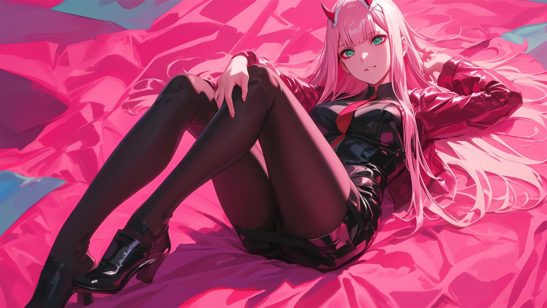 Zero Two in black and pink leather on a bed, neon pink light, anime style.