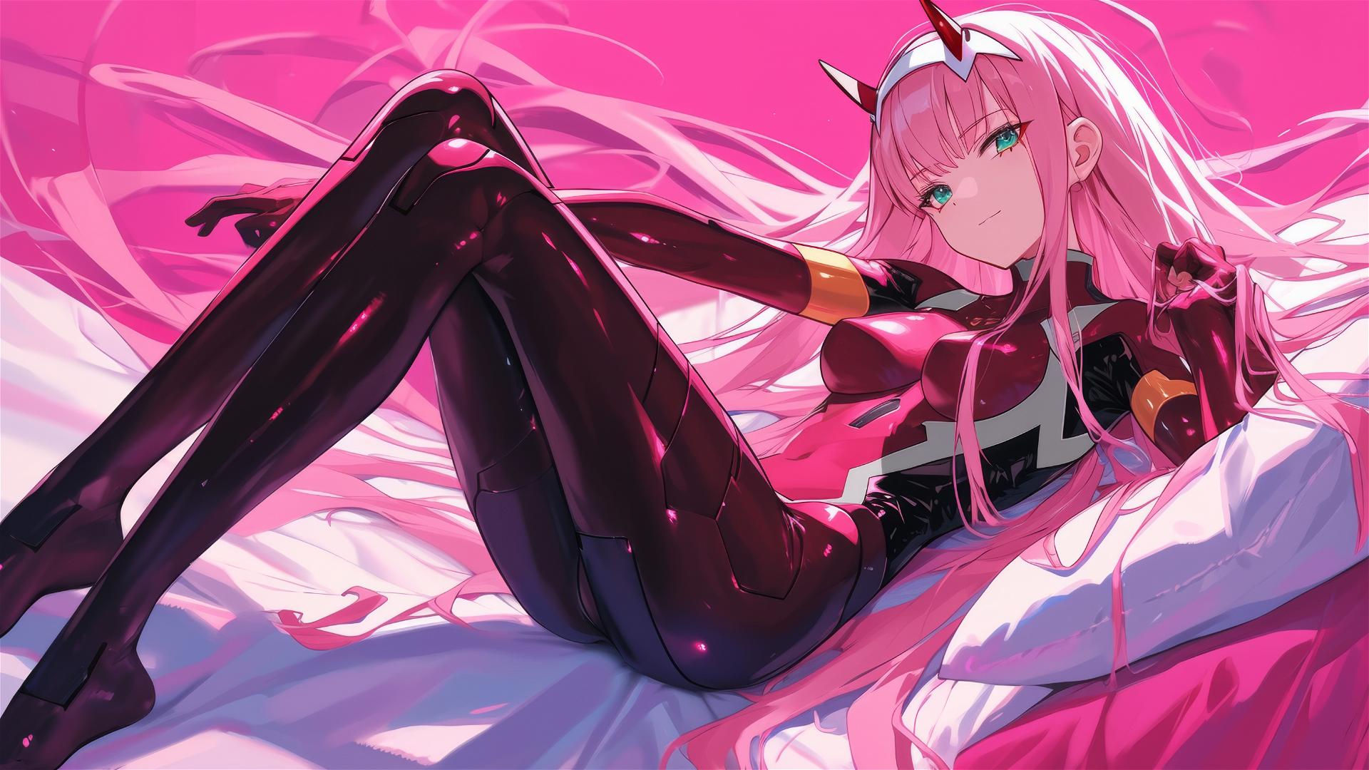 Zero Two in black and pink leather outfit on bed, with neon glow and air swirls.