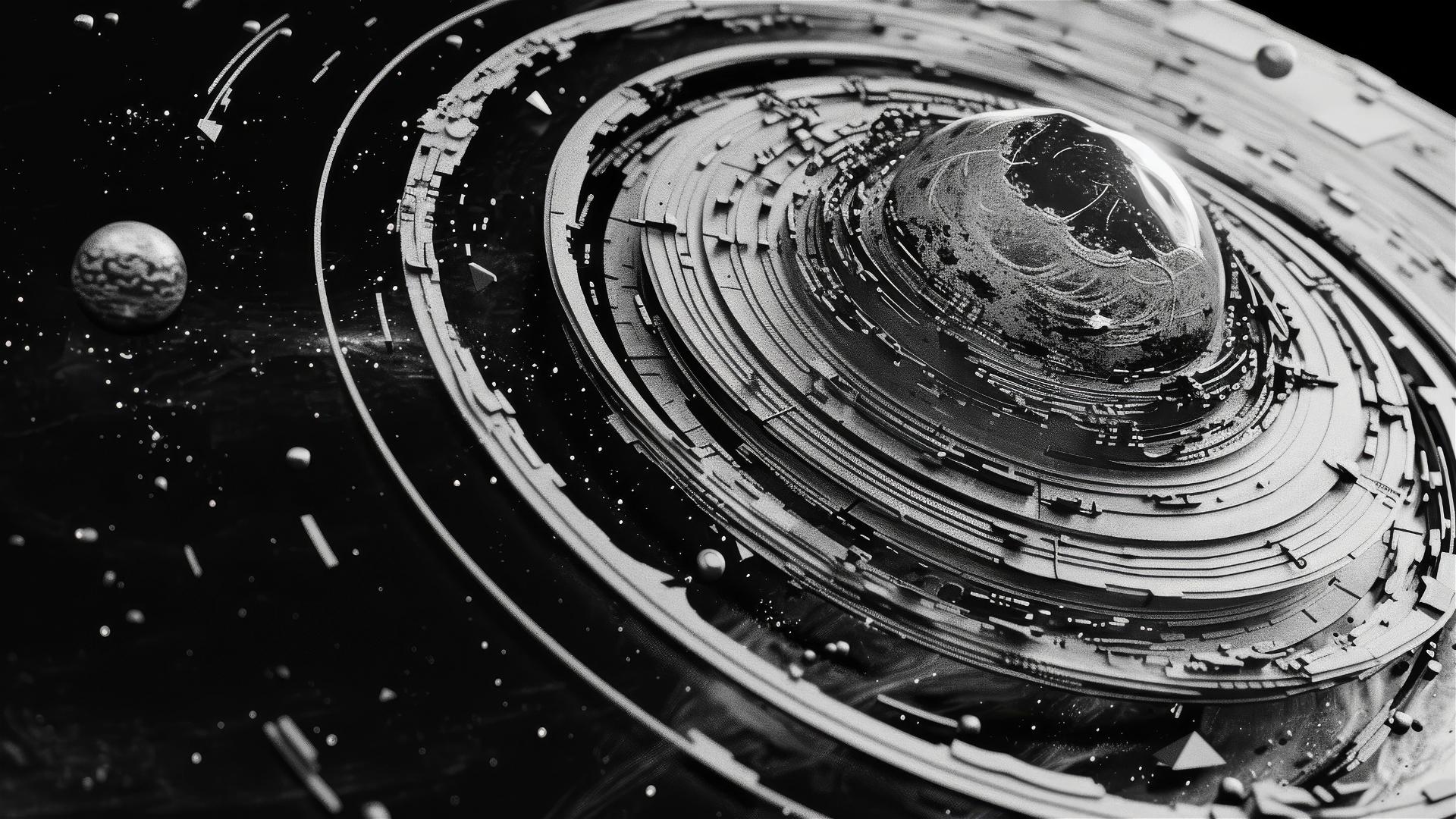 Android artist's monochrome depiction of flat Earth in solar system