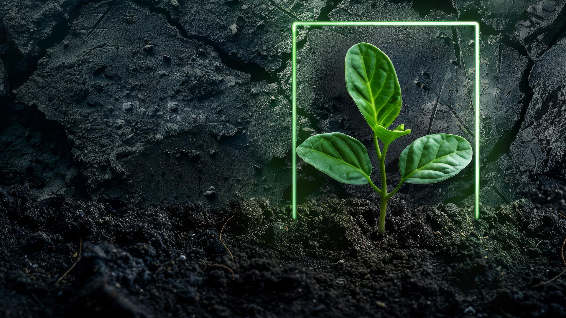 Seedling at bottom on light black background with neon frame.
