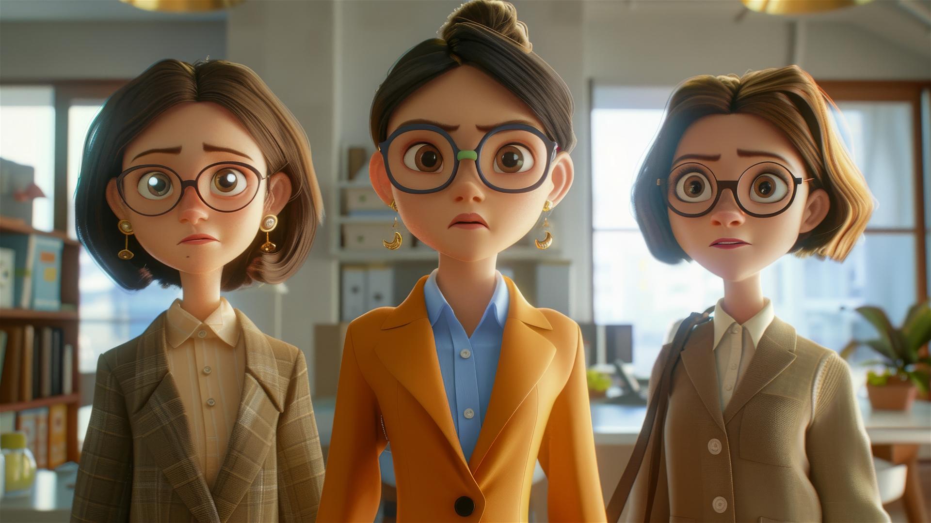 Pixar-style illustration of three women in a business conflict, one leaving.