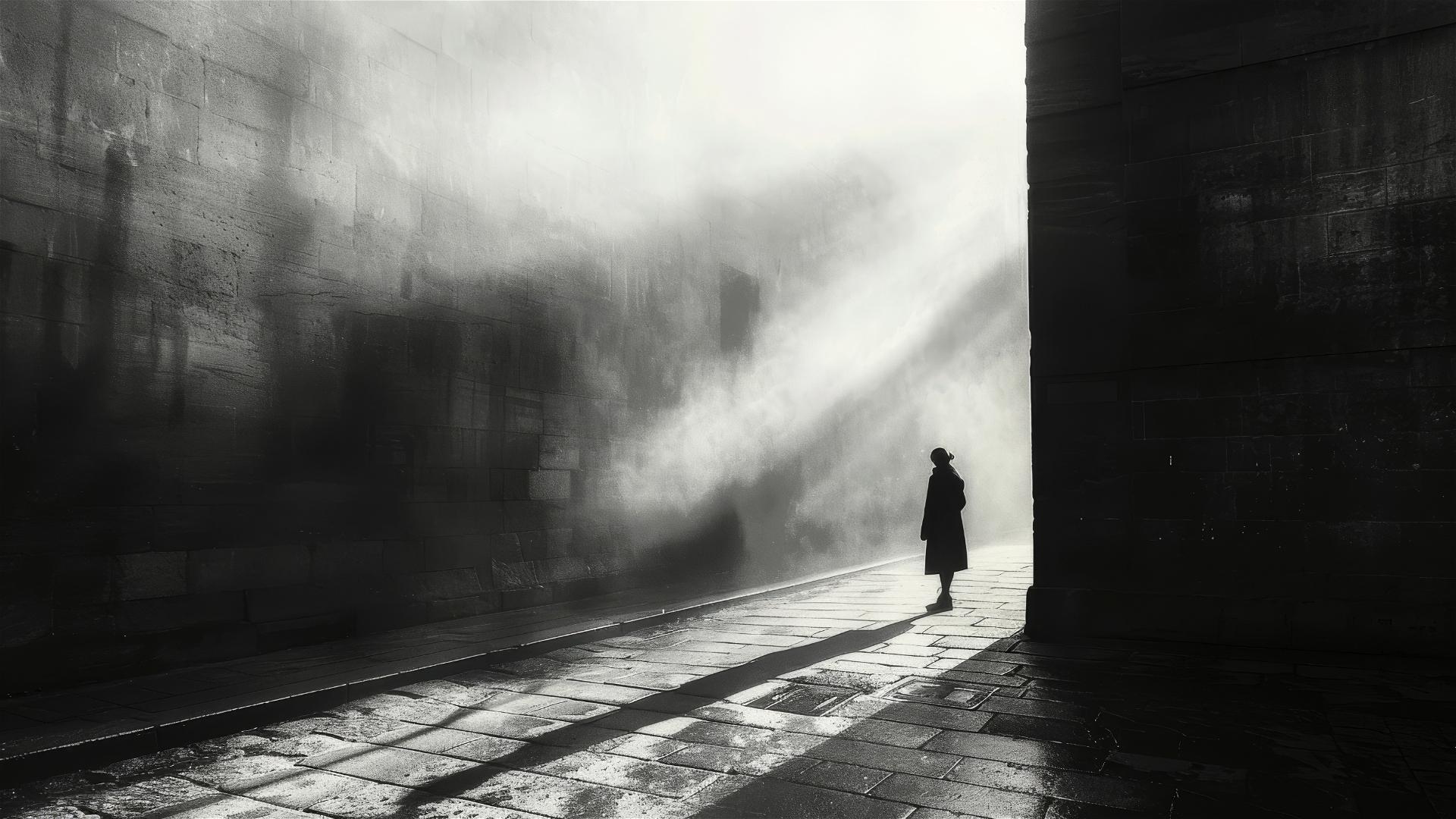 Figure at the edge of light and shadow in an alley, in black and gray, retro style.