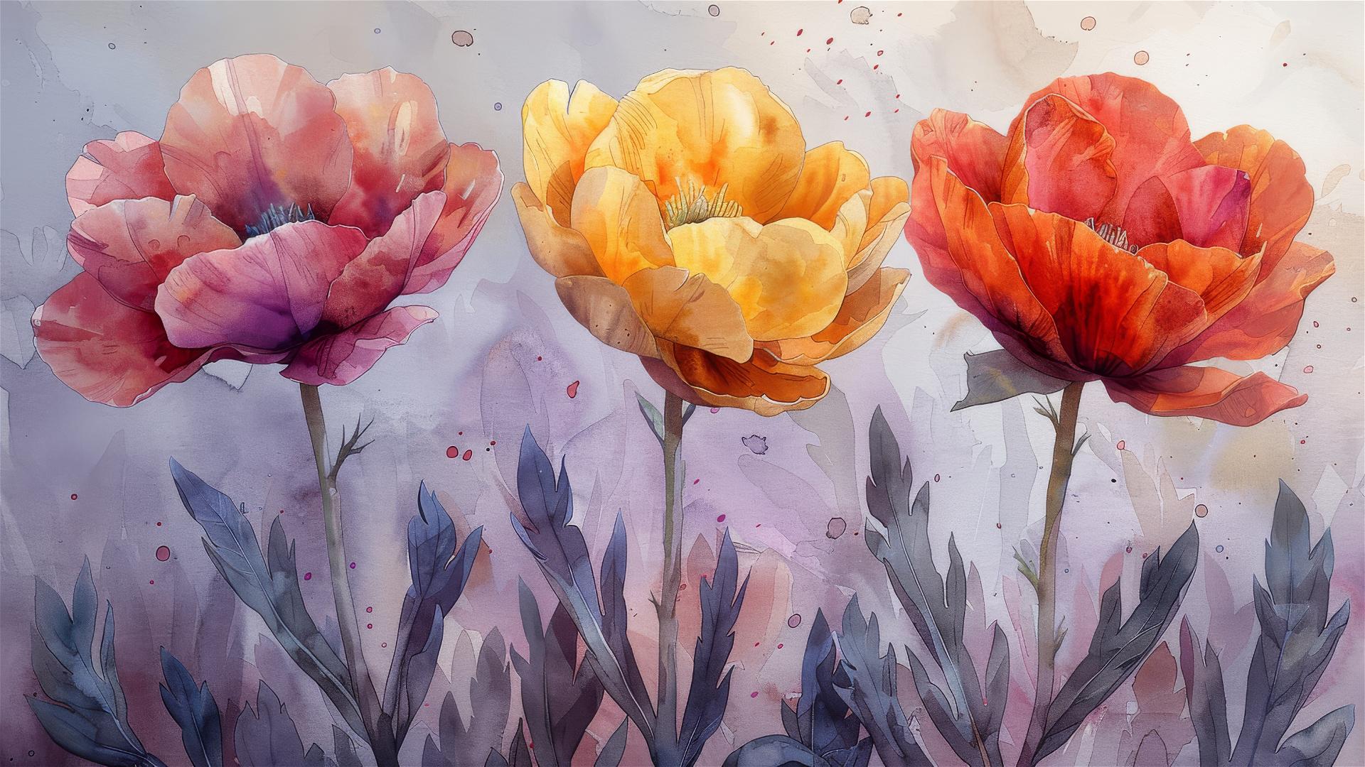 Watercolor painting of three flowers with a gradient background and dark gray letters.