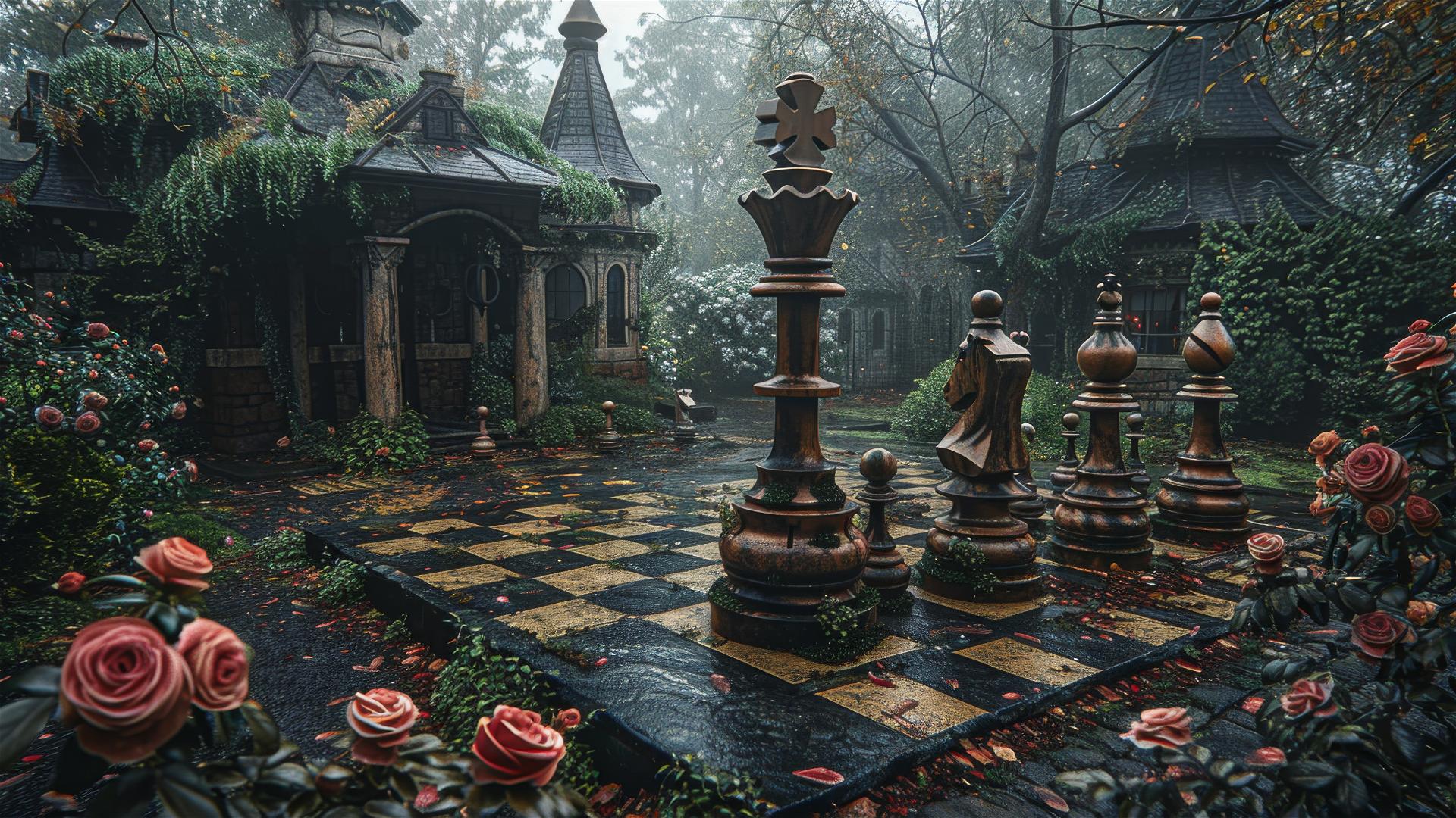 Foggy giant chessboard with colorful gardens and whimsical shapes