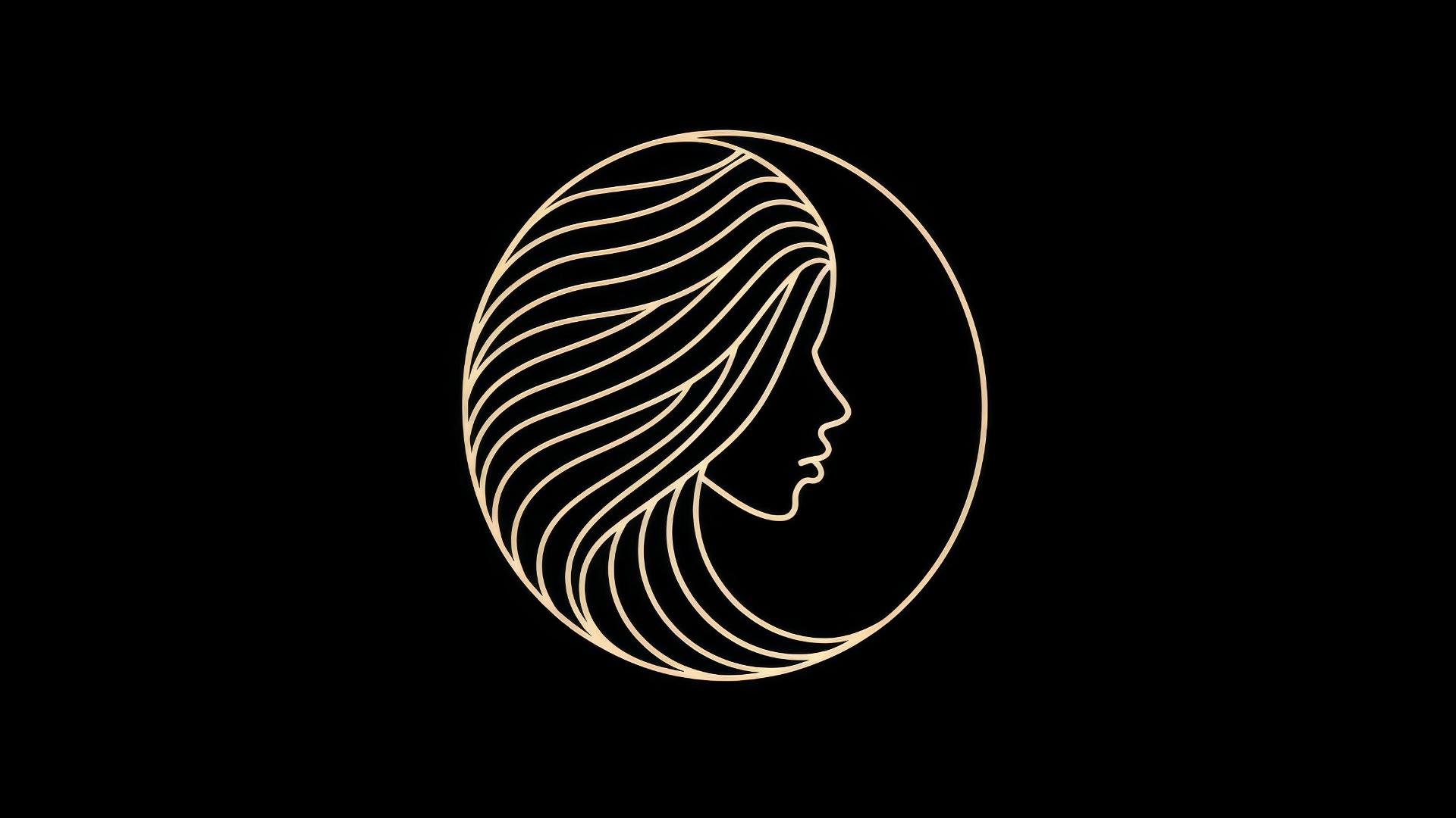Minimalist logo with rice grains oval and woman's face silhouette in white on black.