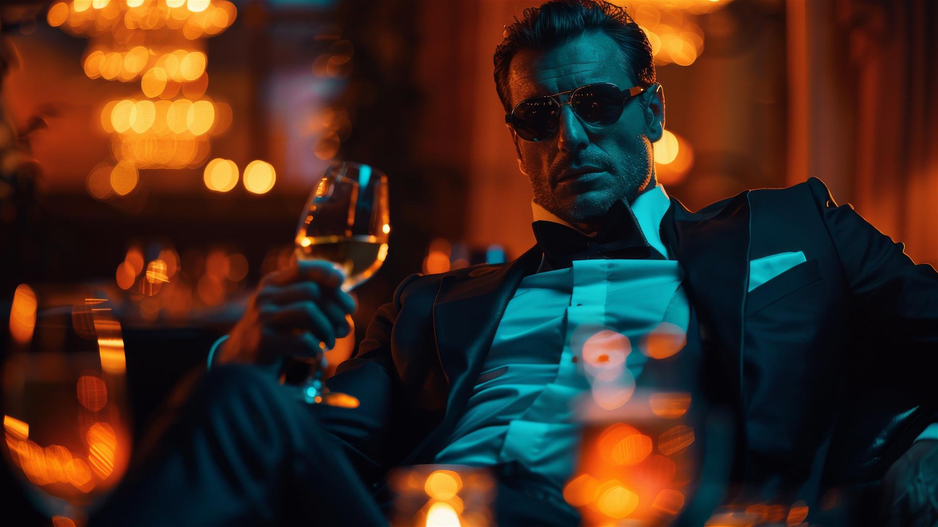 Modern mafia boss enjoying a luxurious party, dark aesthetic.