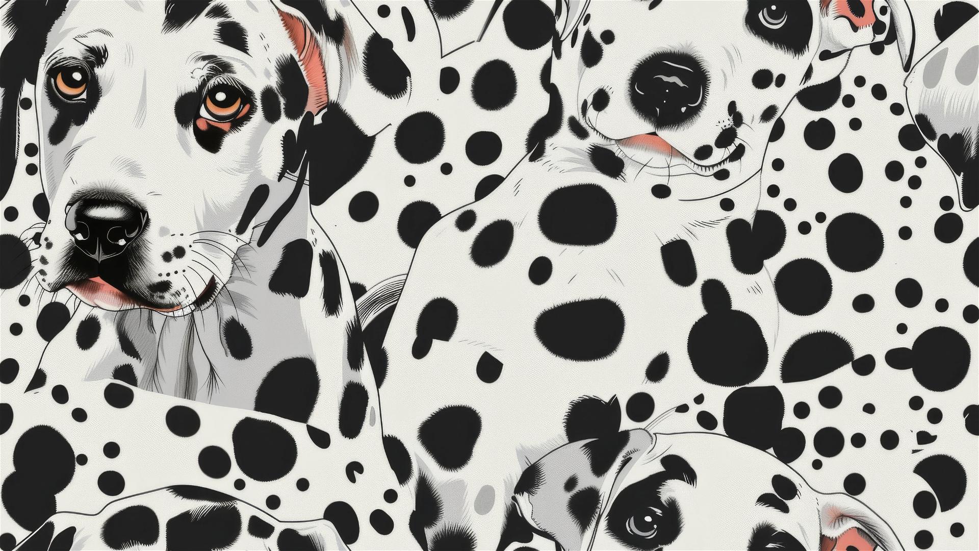 Dalmatian puppies camouflaged in a spotty background