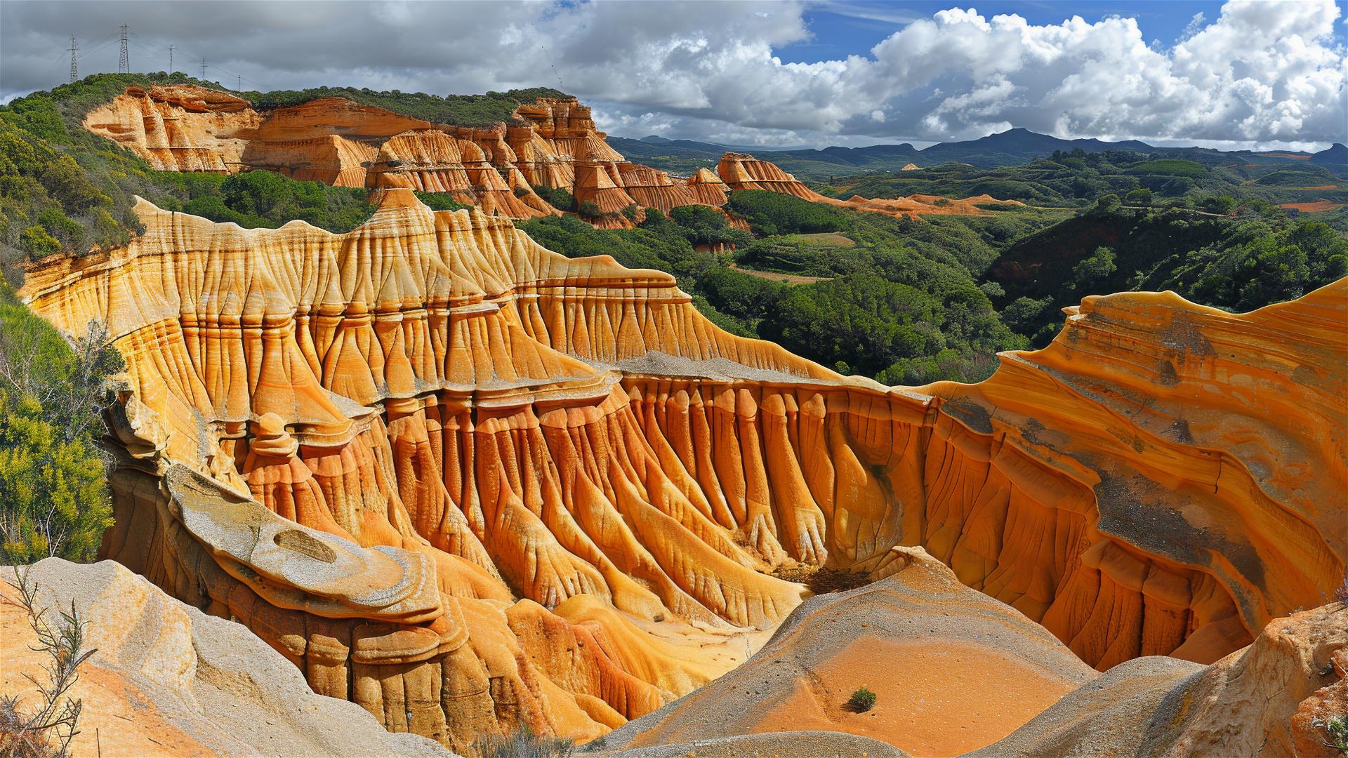 Colored sparkling sand, meridian, cattle, and pylons in an image.