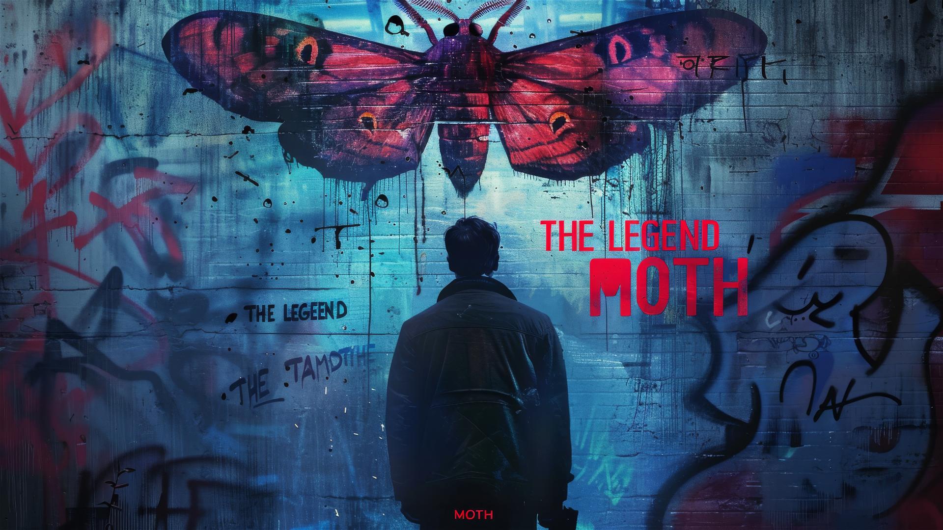 Graffiti moth and man with pistol on movie poster with night sky colors.