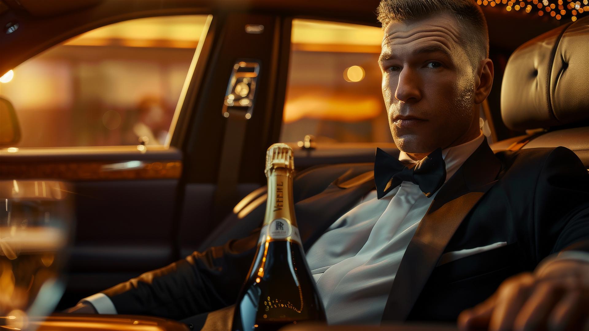 English royal in tuxedo with champagne in Rolls Royce