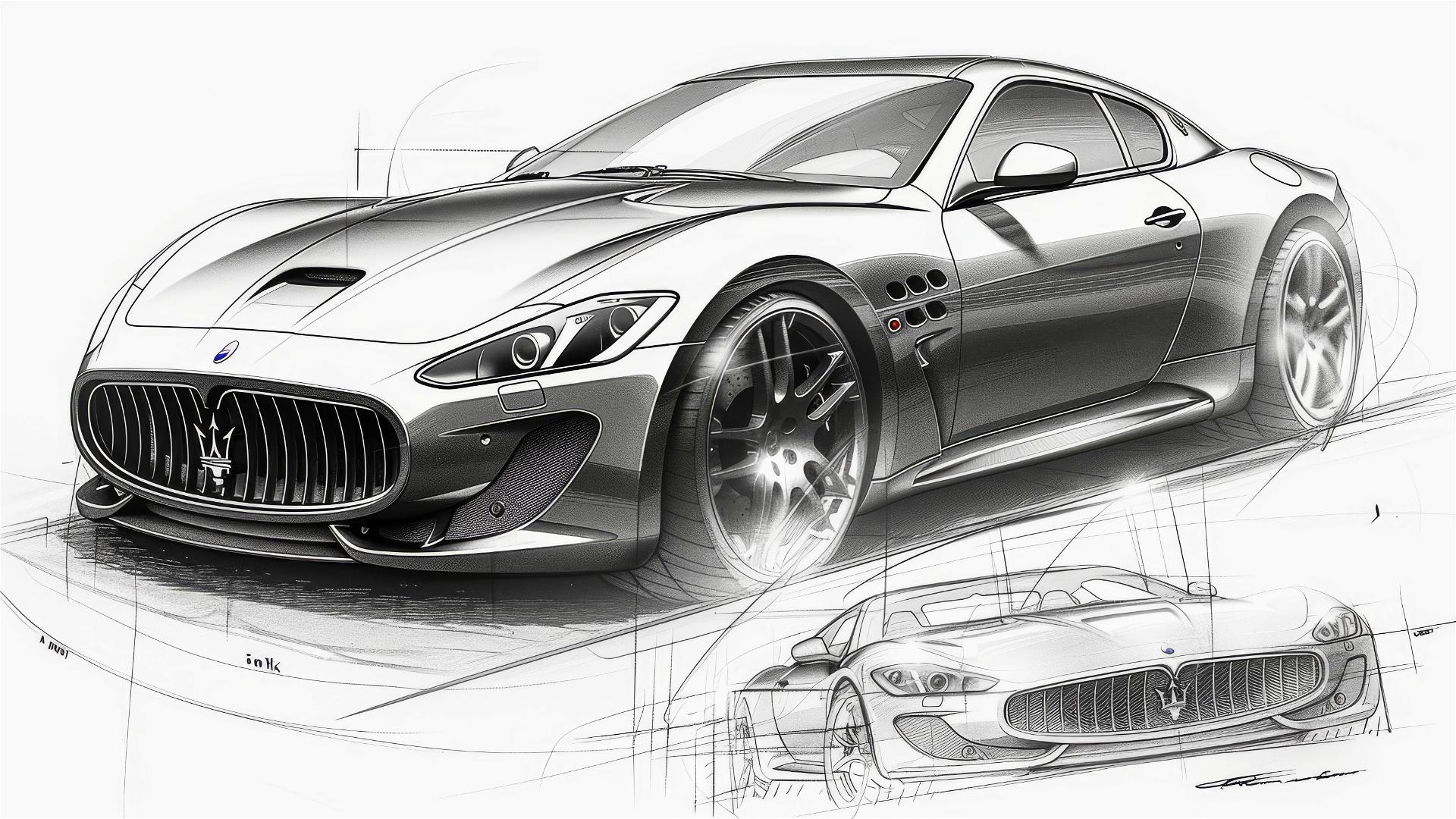 Black and white blueprint and sketch of Maserati GranTurismo's front 3/4 view.