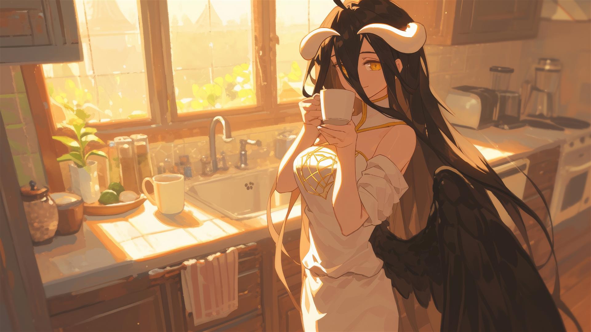 Albedo in white silk pajamas sipping coffee at sunrise.