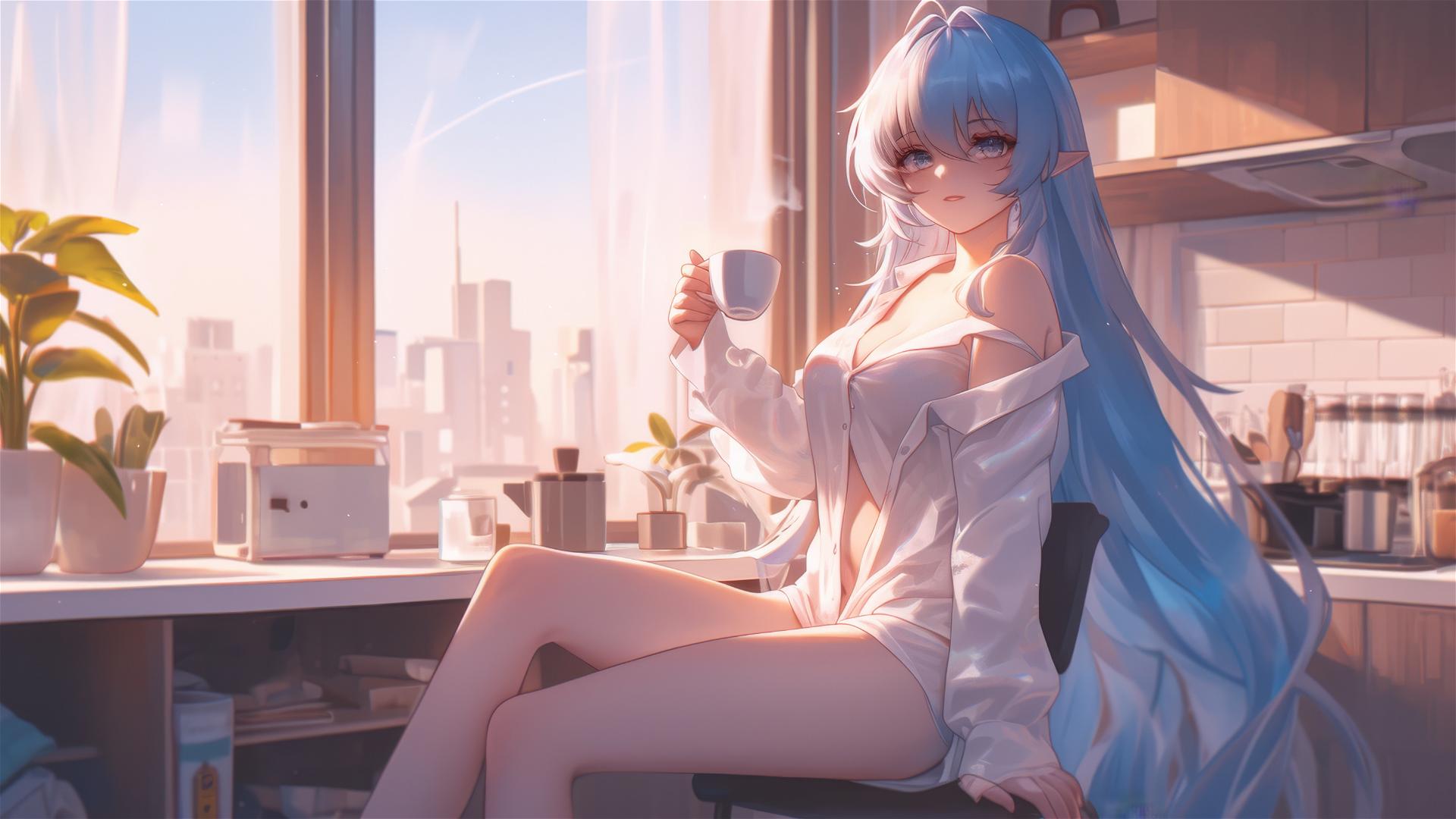 Esdeath in silk pajamas with coffee at sunrise.