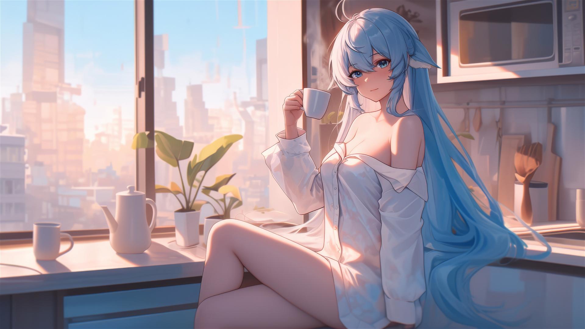 Esdeath in white silk pajamas with coffee at sunrise.