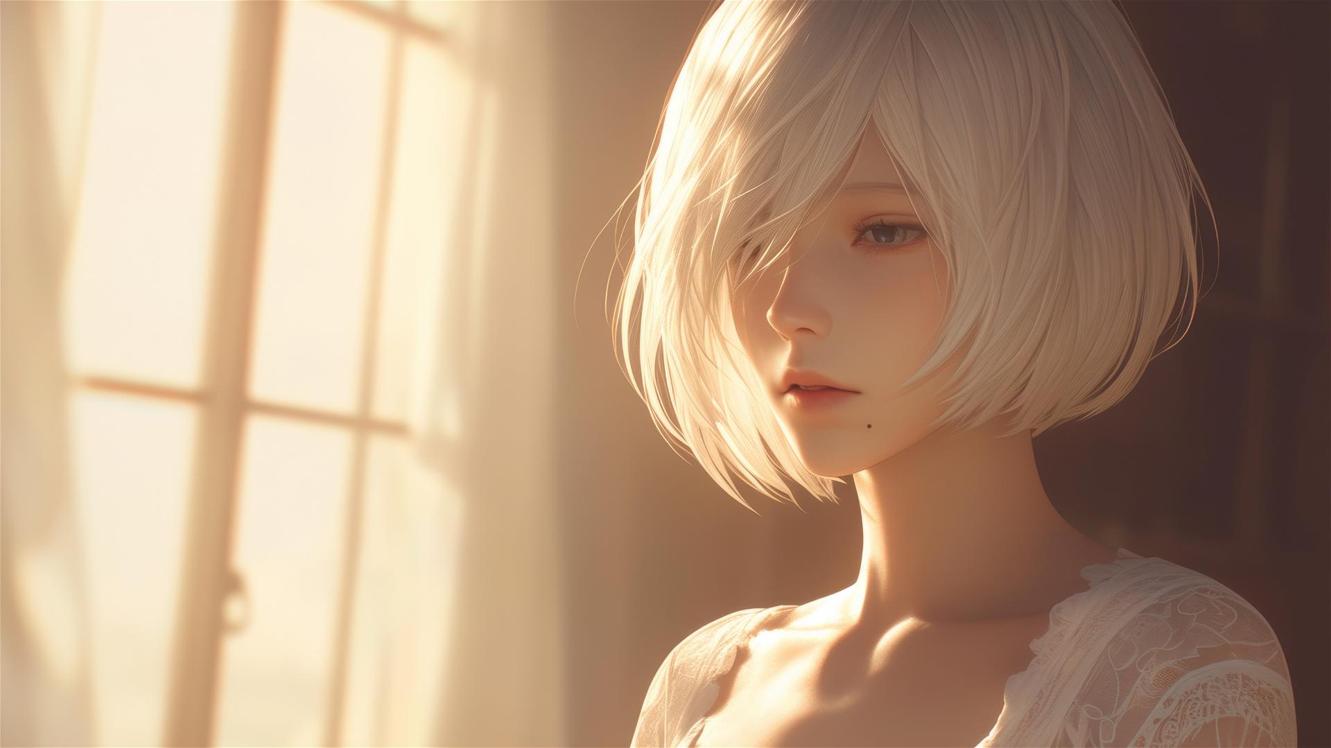 2B from Nier in white silk pajamas by a window at sunrise.