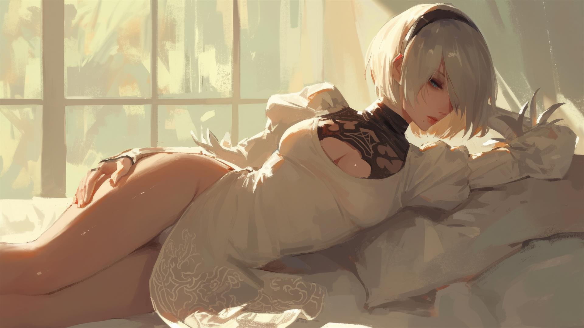 2B from Nier in white silk pajamas, basking in sunrise glow.