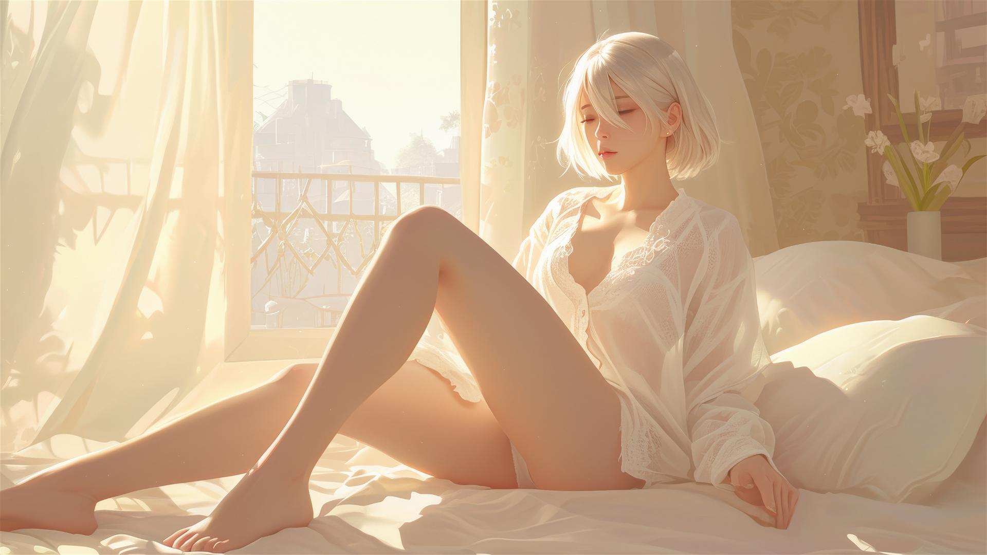 2B from Nier in white silk pajamas, resting at sunrise.