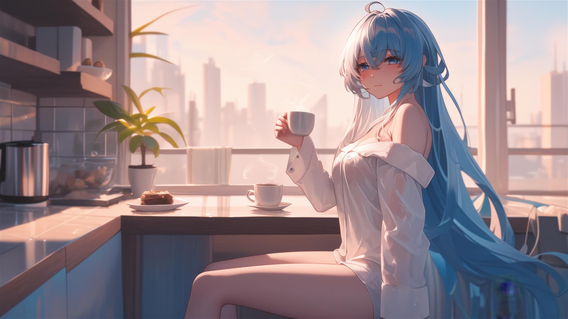 Esdeath in white silk pajamas with coffee at sunrise.