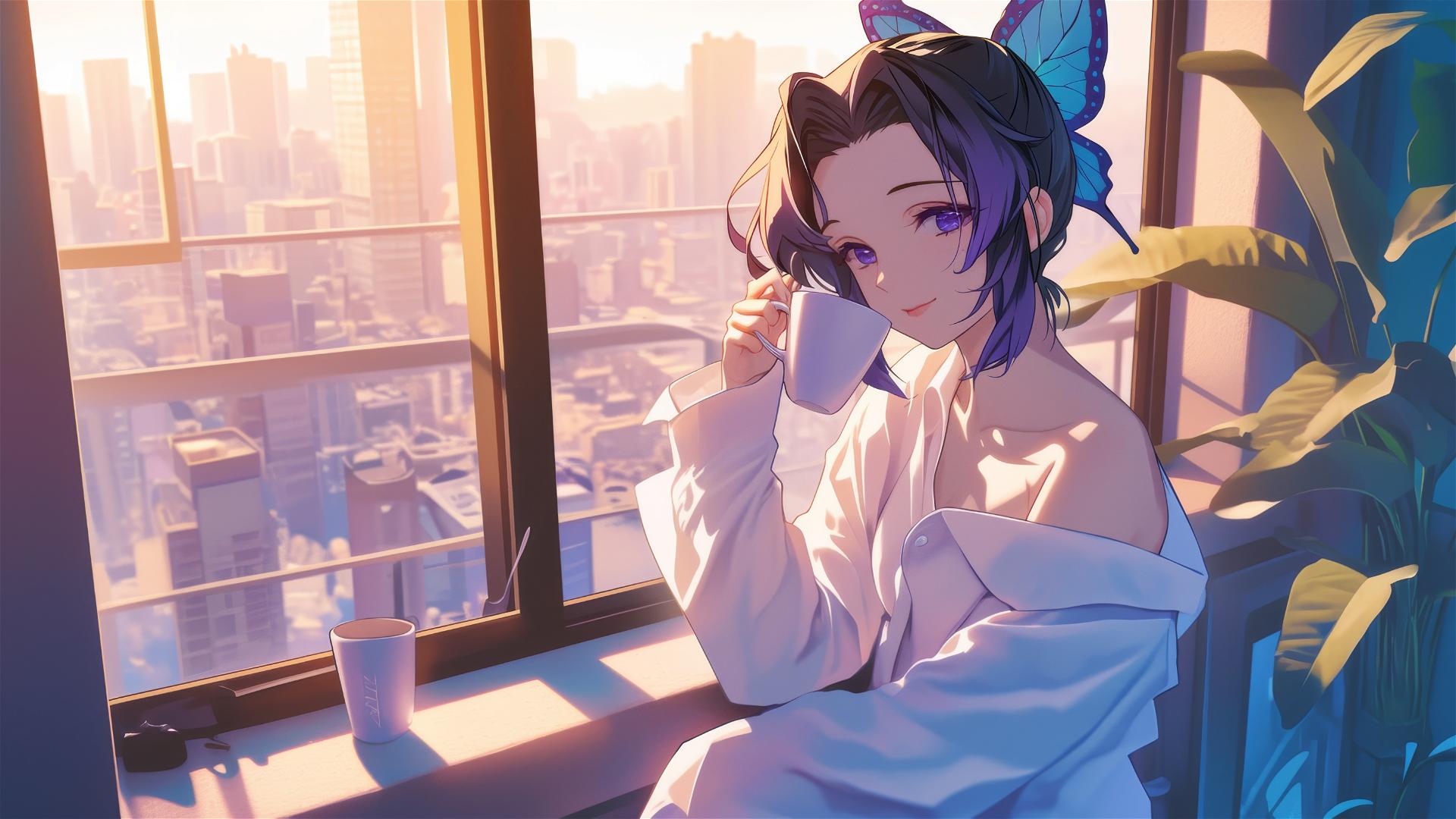 Shinobu Kocho from Demon Slayer sipping coffee at sunrise in a modern kitchen.