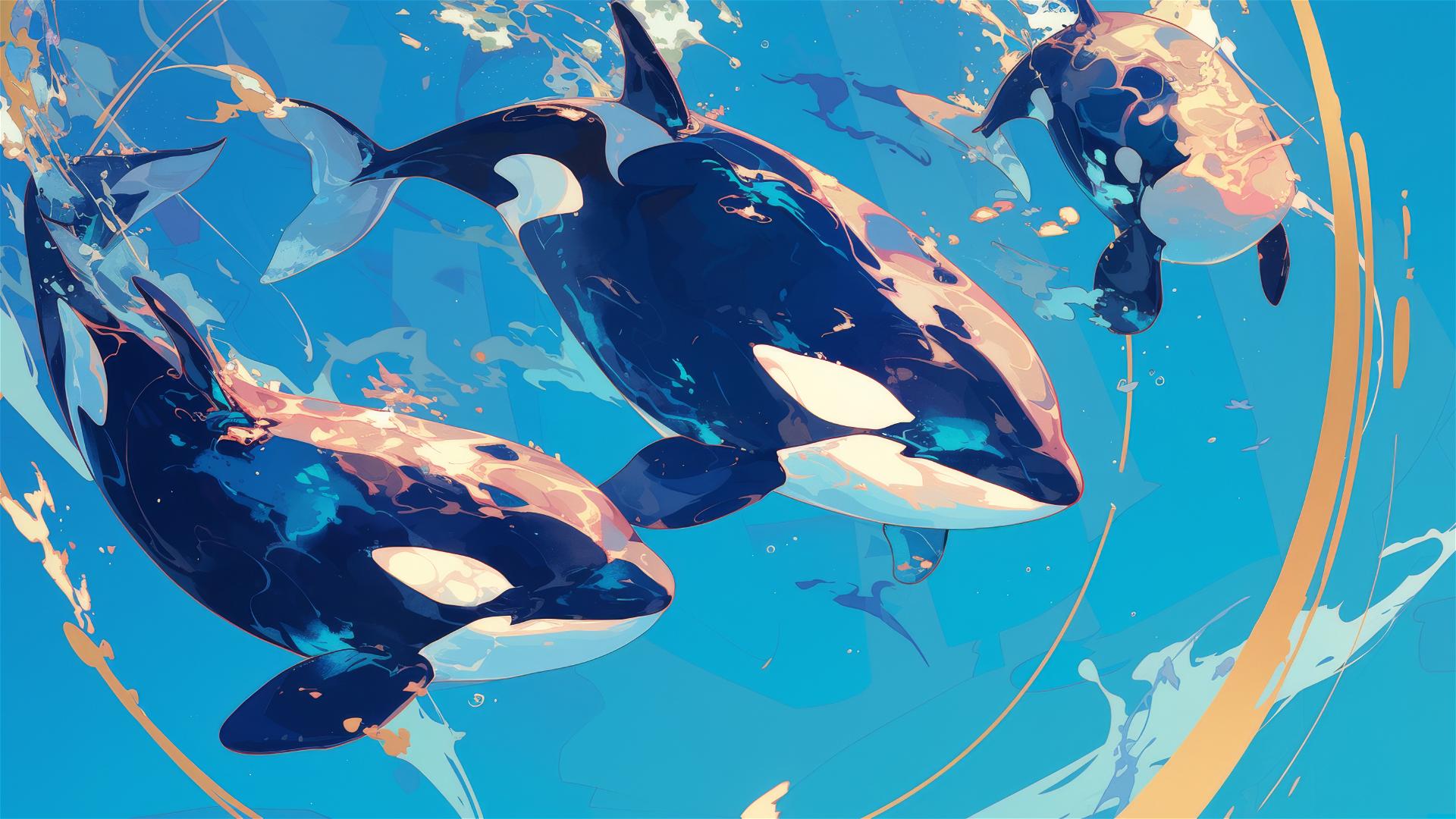 Matisse-style orcas on pastel blue with gold accents