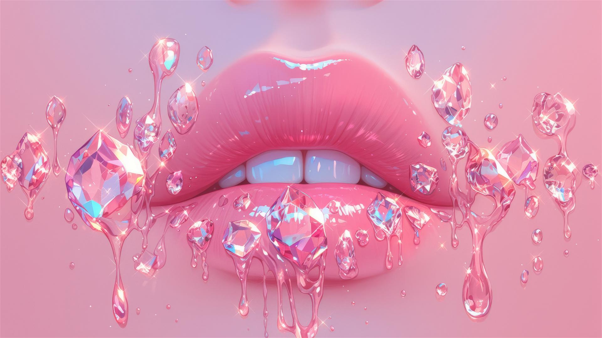 Caucasian woman's lips with pink Swarovski crystals and red drip