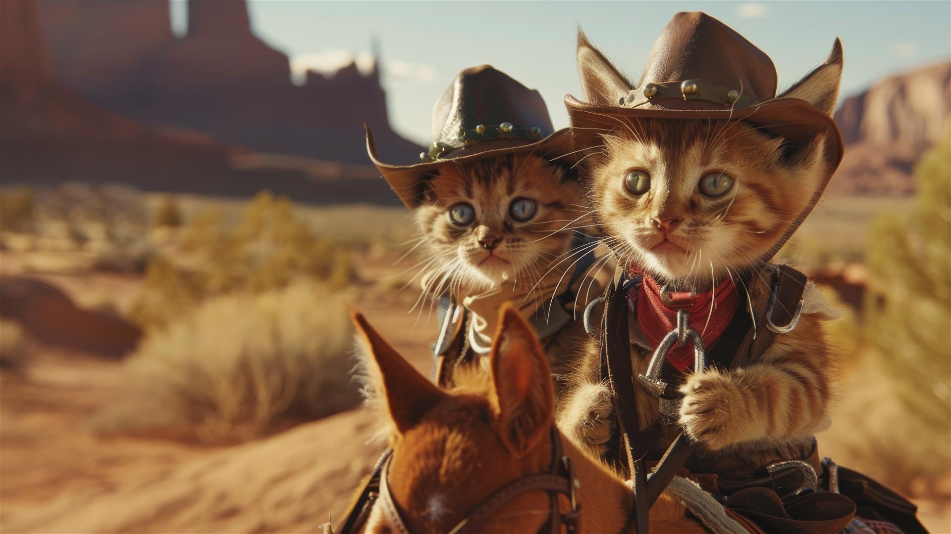 Kittens in cowboy outfits on horseback in desert