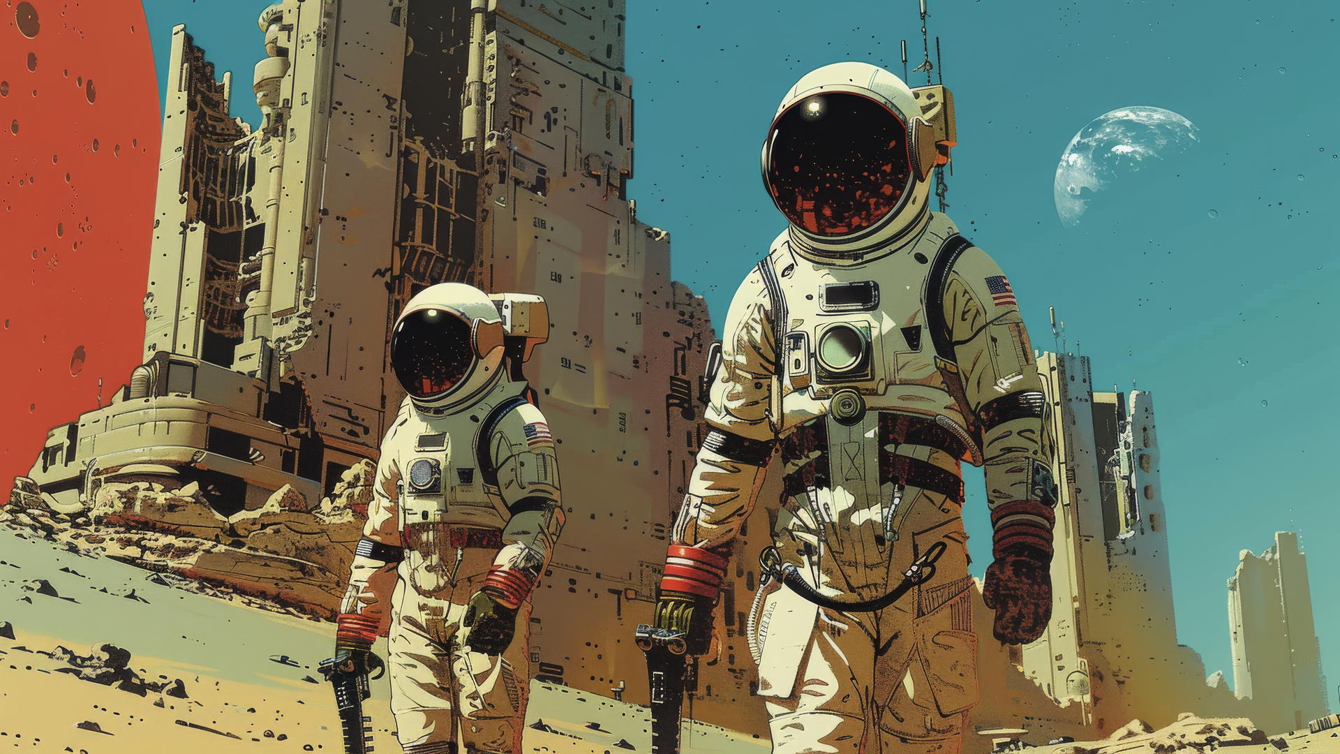 Astronaut couple walking in desert with weapons, ancient ruins behind, in comic style
