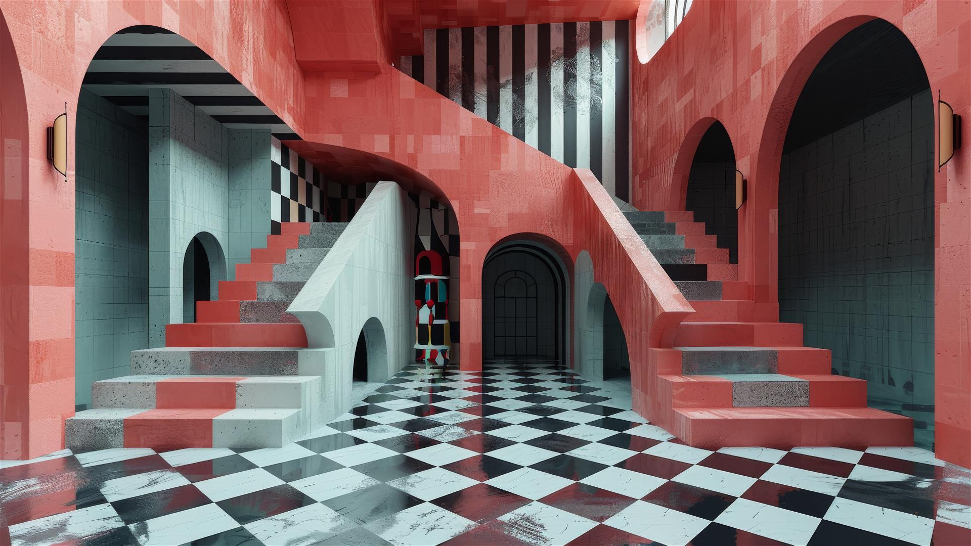 Psychedelic sci-fi pinball art by Escher & Lichtenstein, Hitchcock & Jodorowsky inspired