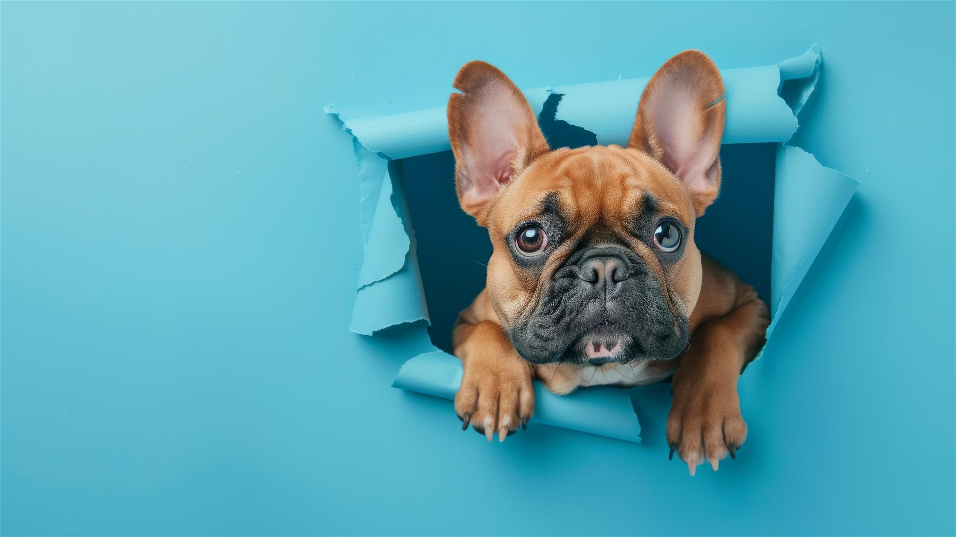 Colorful French Bulldog peeking from sky blue paper hole with empty space for text