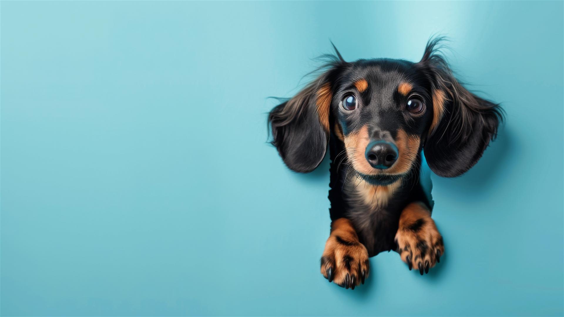 Dachshund peeking through paper wall
