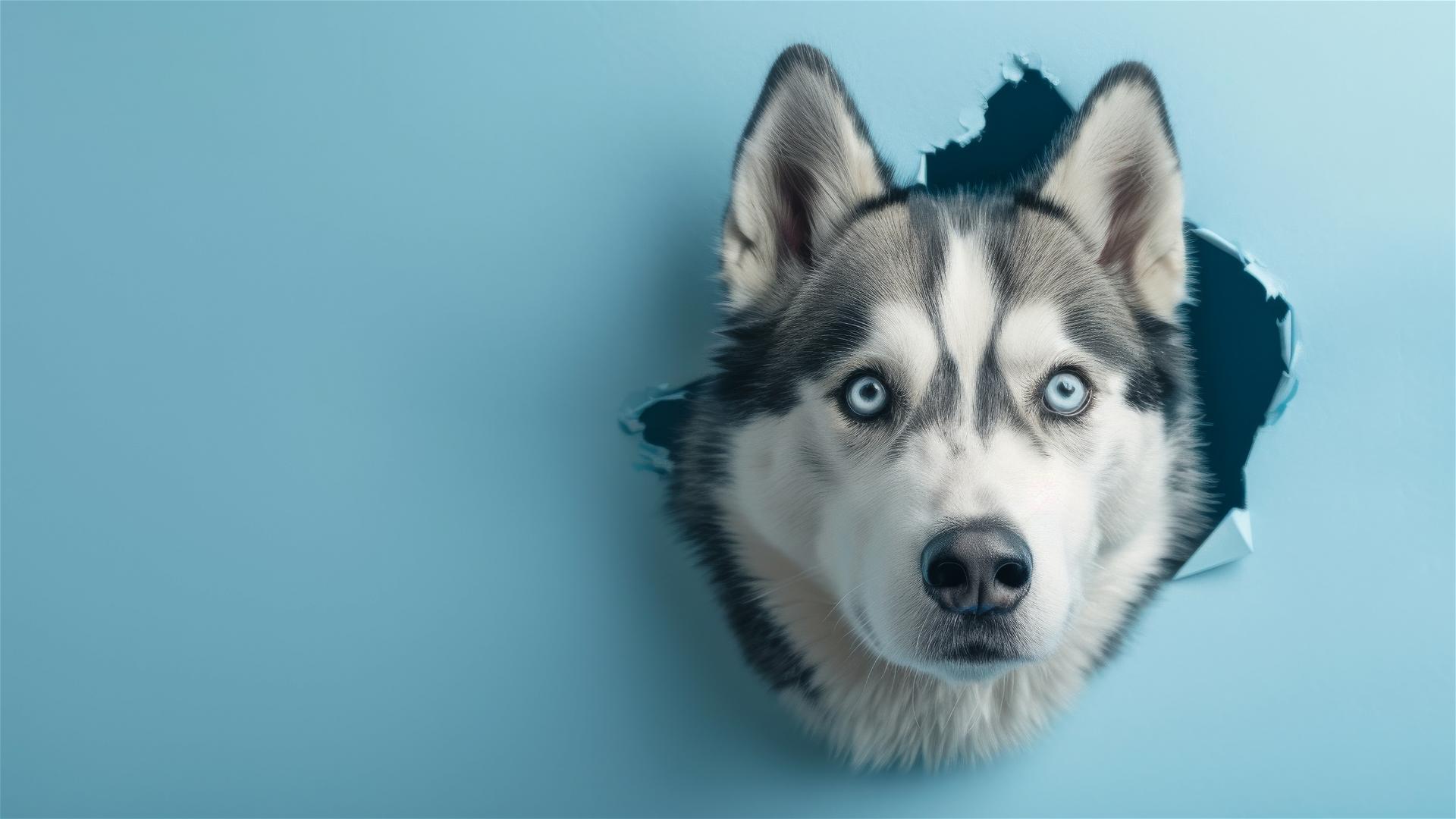 Siberian Husky peeking through sky blue paper hole