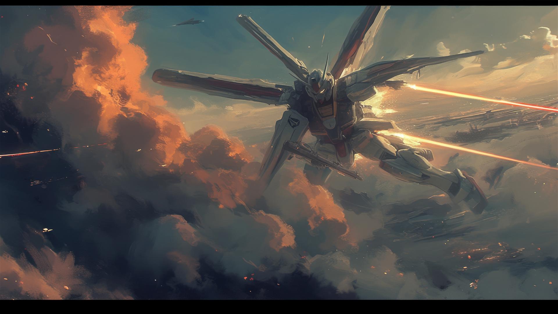 Gundam flying cinematically, Roger Deakins style