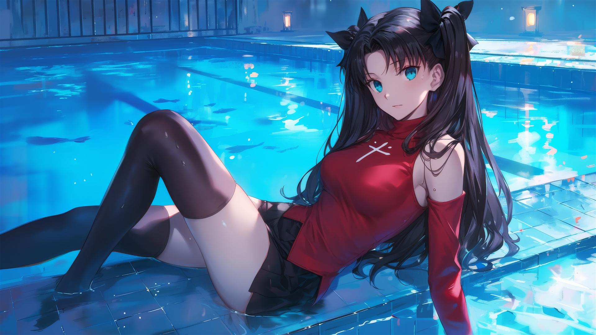 Rin Tohsaka resting in pool under moonlight