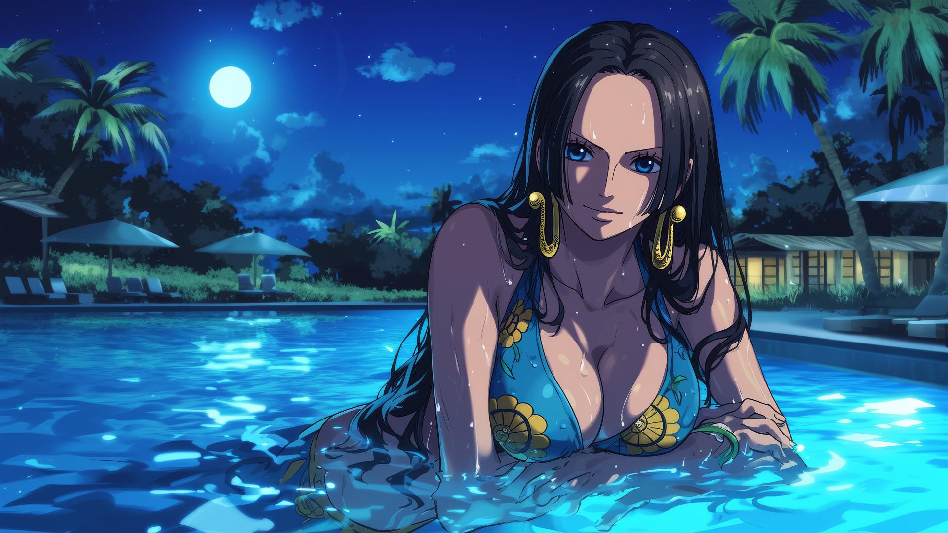 Boa Hancock from One Piece standing in a pool under moonlight