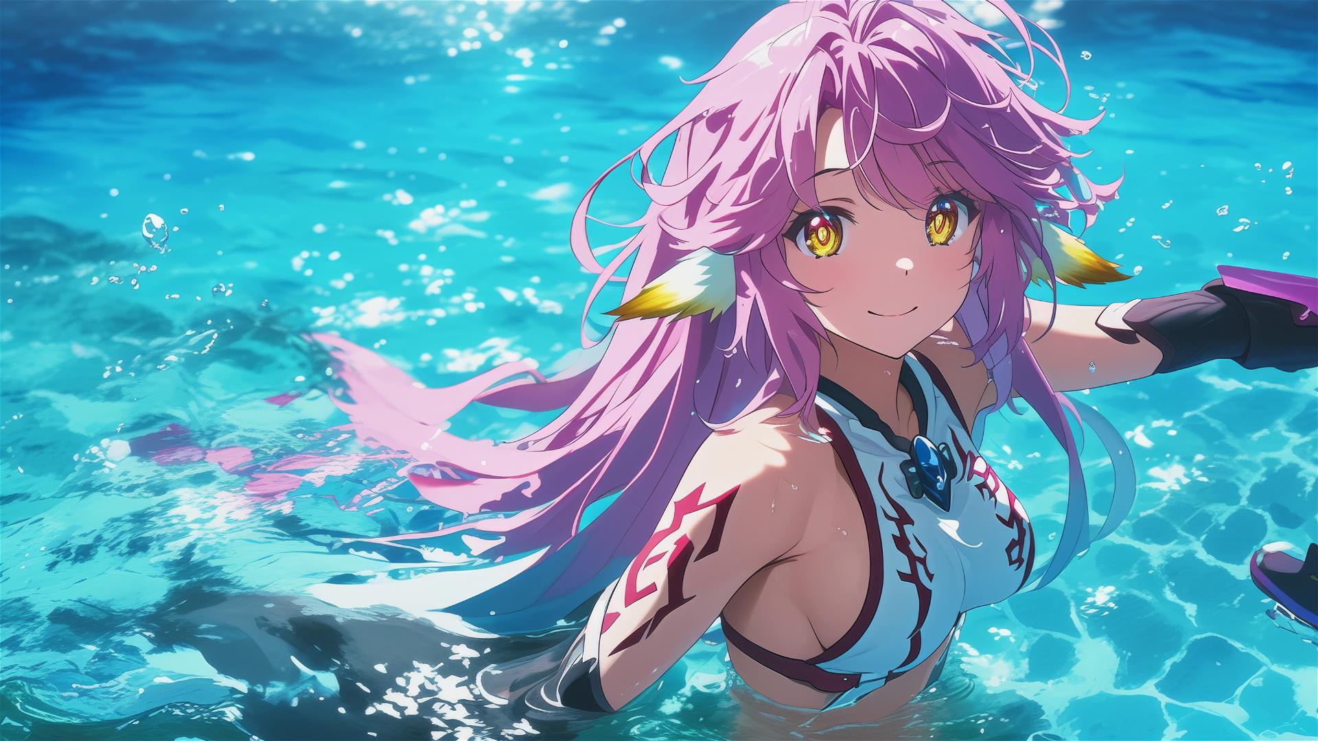 Jibril from No Game No Life swimming in a moonlit pool