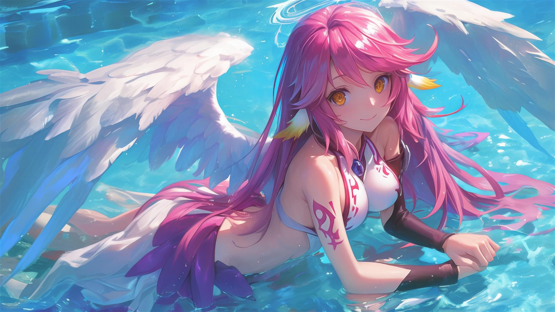 Jibril from No Game No Life swimming under moonlight