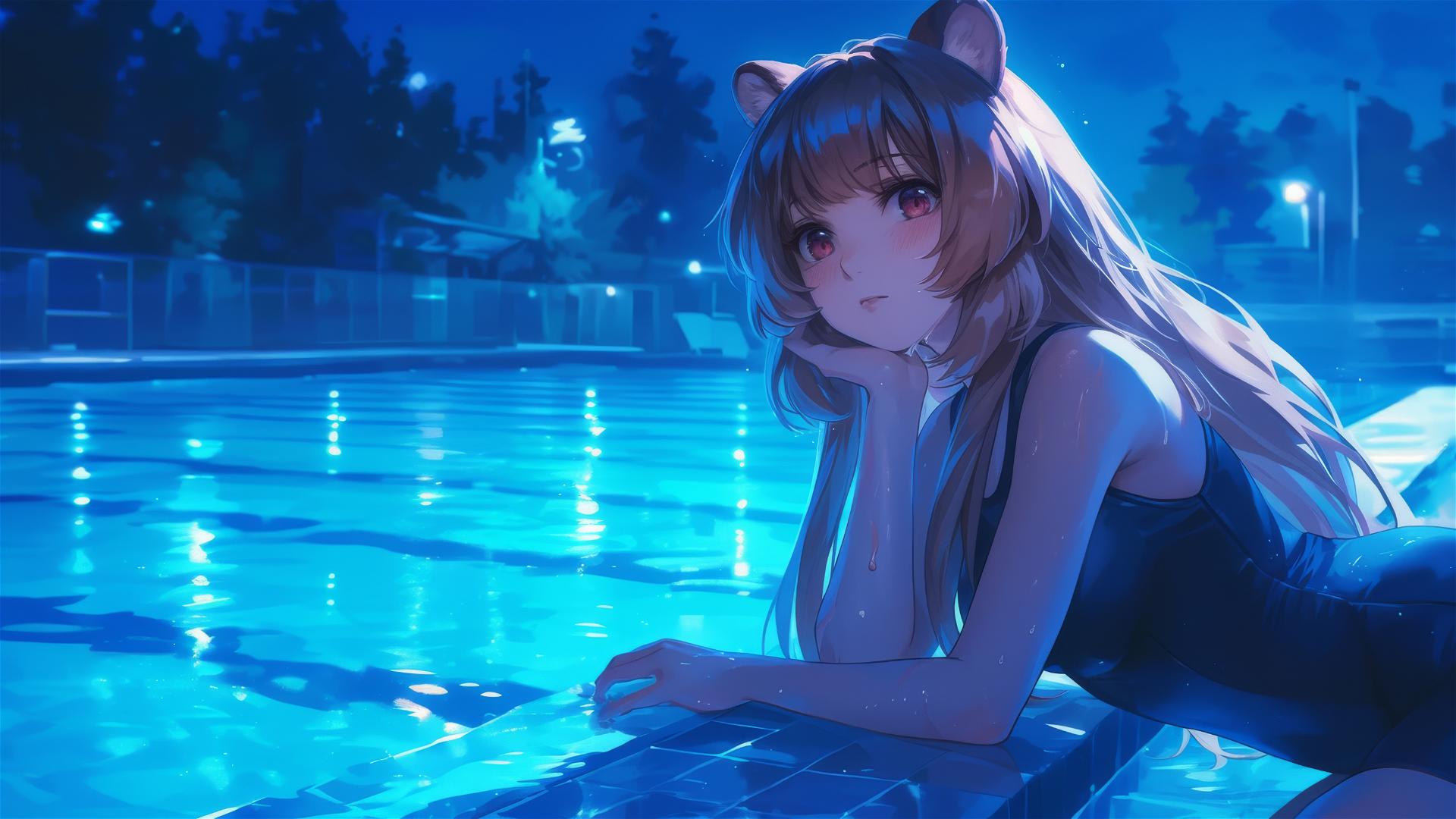 Raphtalia resting by the pool under moonlight