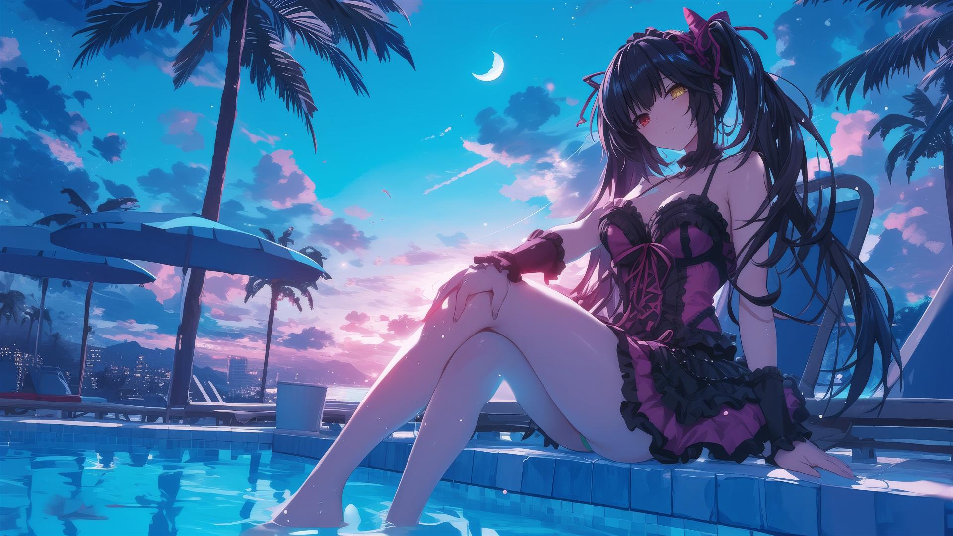 Kurumi Tokisaki by poolside under moonlight